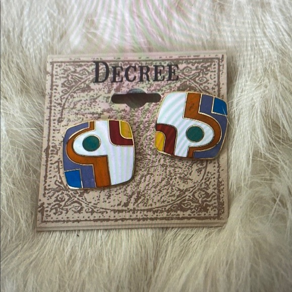 Vintage, Retro Geometric Enamel Pierced Earrings - Picture 1 of 3